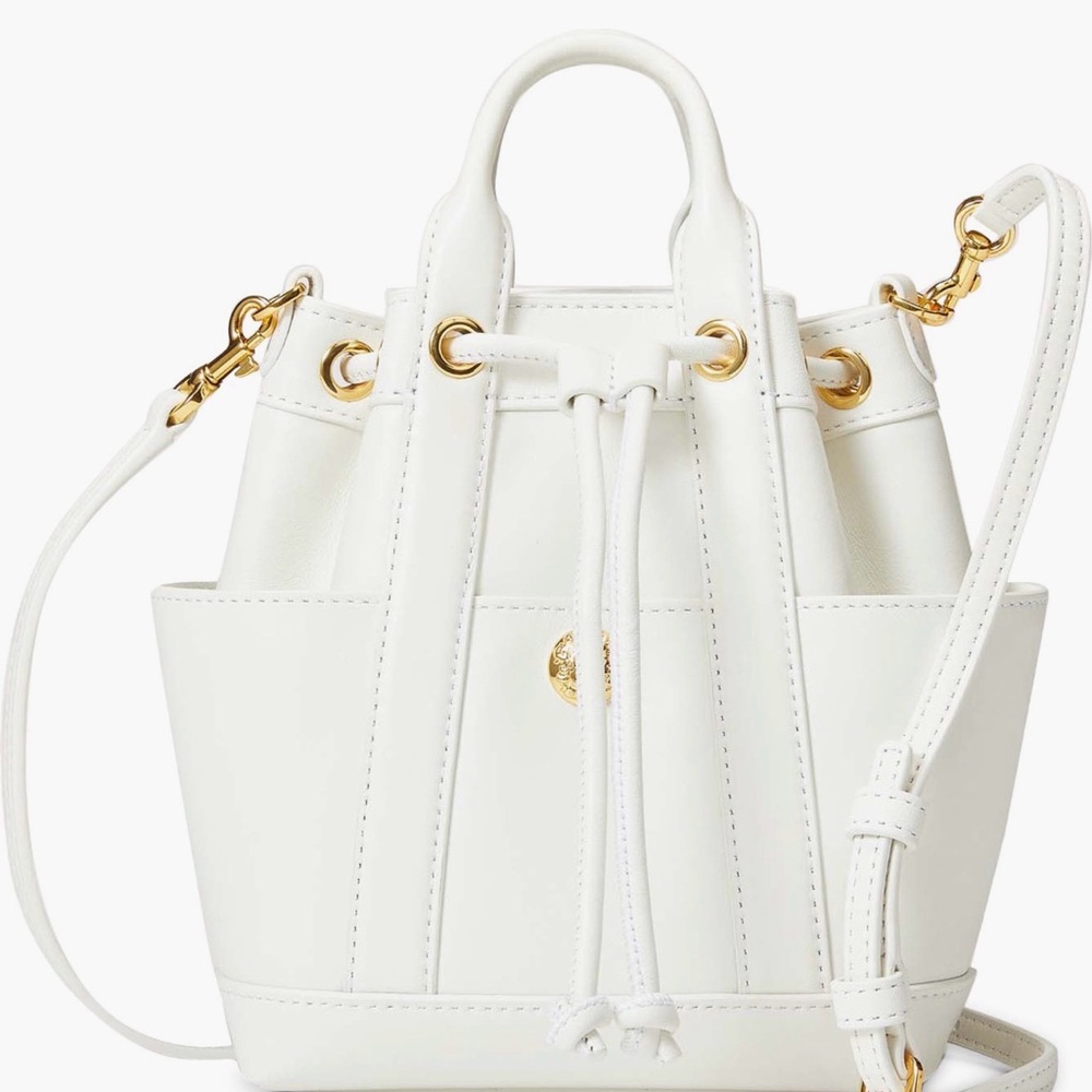 Veronica Beard White Leather Drawstring Crossbody Bag with Gold Hardware